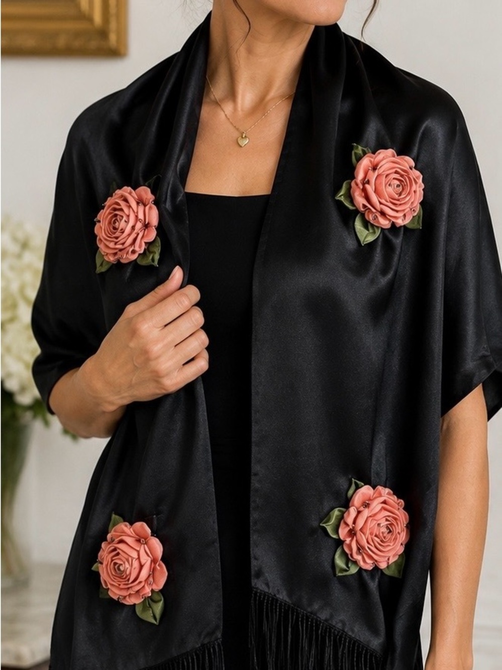 Handmade in Portugal Black Satin Scarf 3D Ribbon Roses Fringe Artisan Shawl